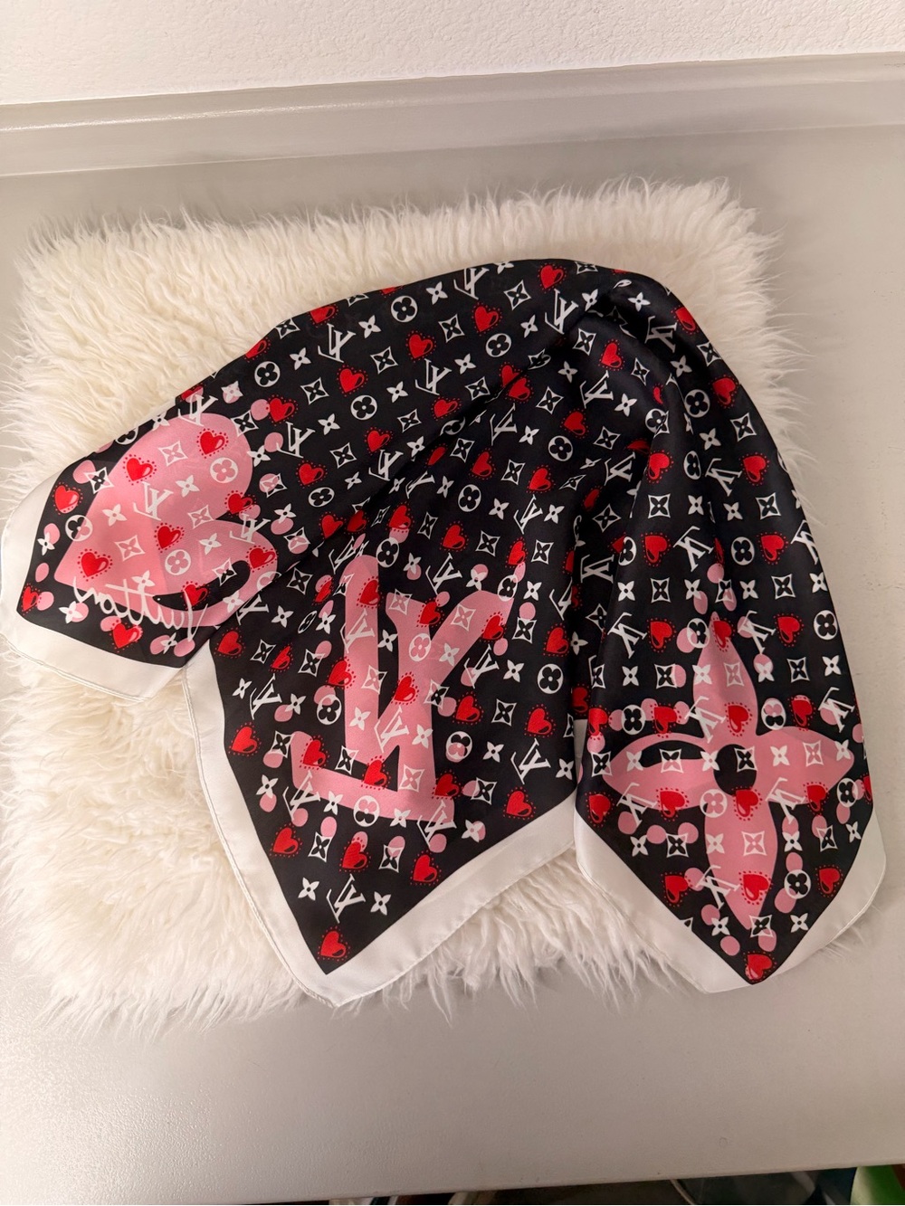 Designer-Inspired Women’s Silk Scarf in Black, Red & Pink